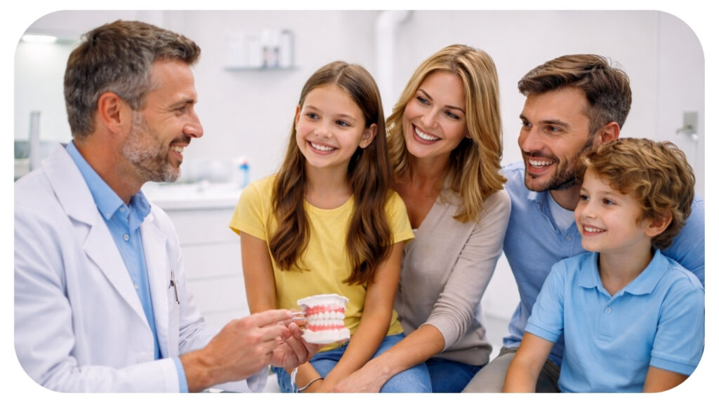Family meeting with a general dentist during a consultation showing coordinated dental care for children parents and adults in one trusted dental clinic.