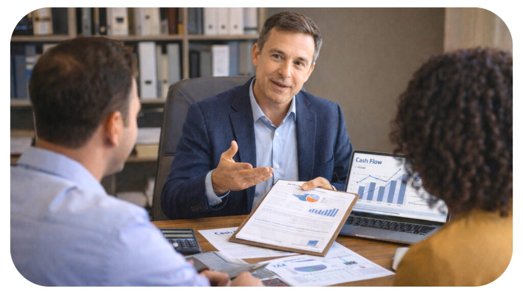Financial advisor discussing investment reports and financial strategy with a couple during a professional consultation in an office setting comparing advisor and accountant roles in money management.