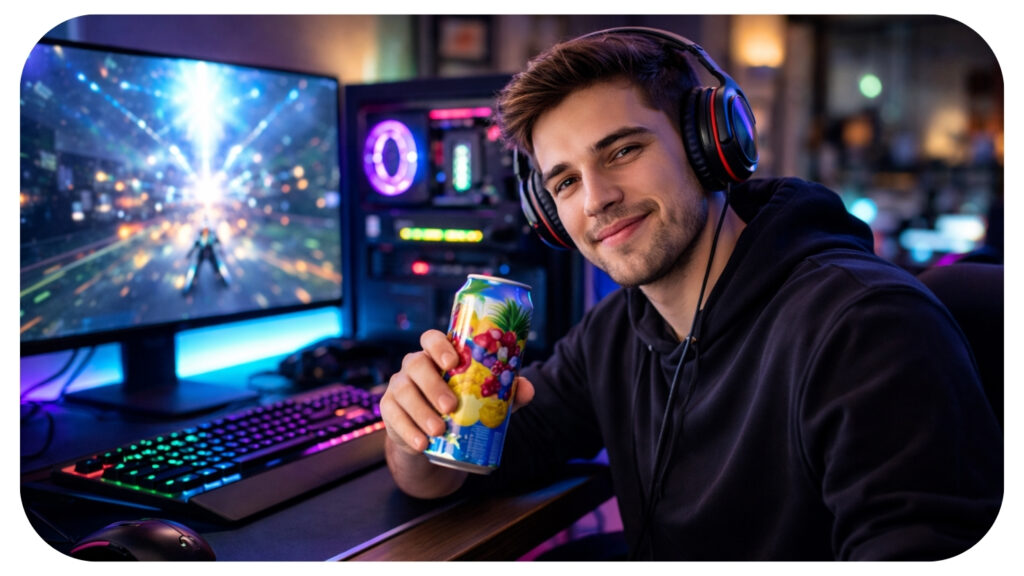 Young gamer drinking a fruit infused energy drink while playing on a modern RGB gaming setup during a long focused gaming session.