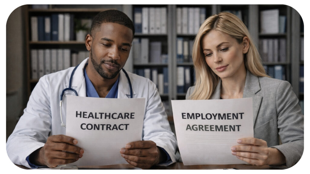 doctor and clinic administrator reviewing healthcare contract and employment agreement documents to understand legal responsibilities and compliance requirements in a medical practice.