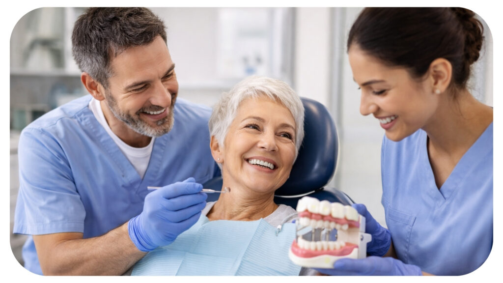 Dentist explaining implant supported bridges and dentures treatment to an older patient during a consultation in a modern dental clinic.