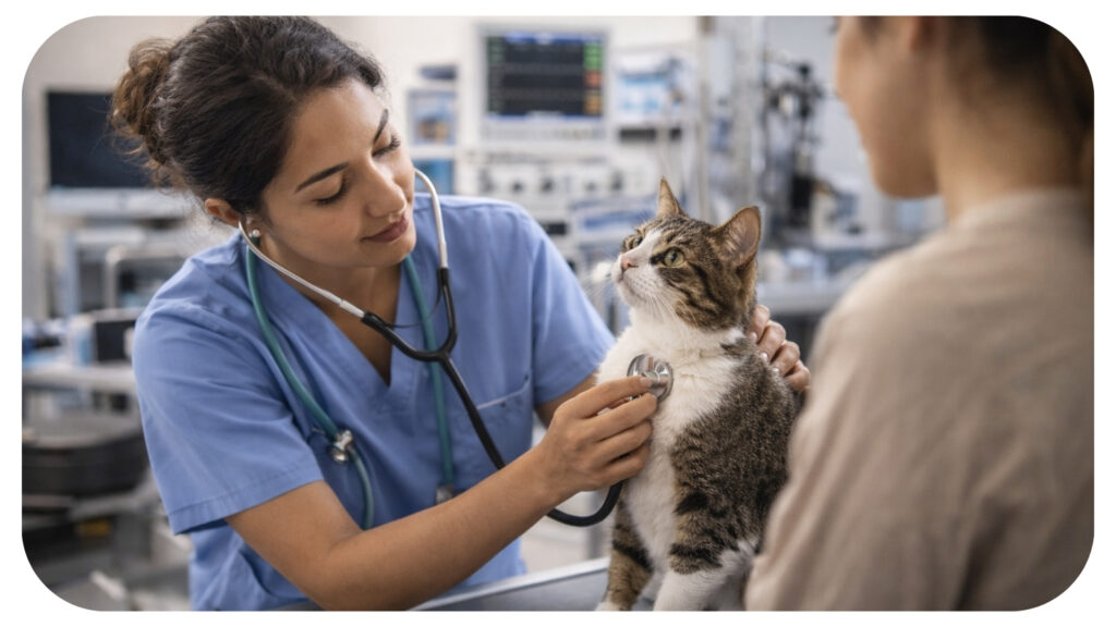 veterinarian examining a cat with a stethoscope in a modern veterinary clinic in dubai while pet owner observes during routine pet health checkup.