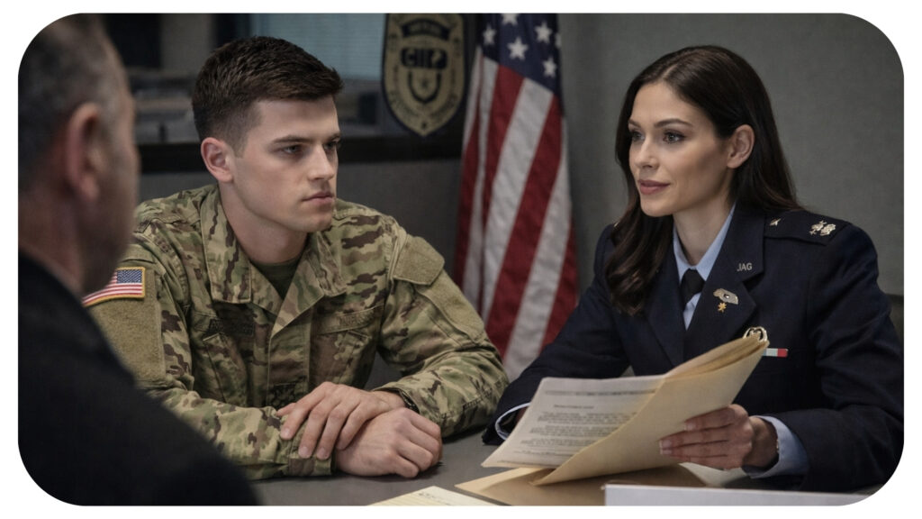 US military serviceman discussing investigation rights with a military defense lawyer during a legal consultation to protect career and case outcome.