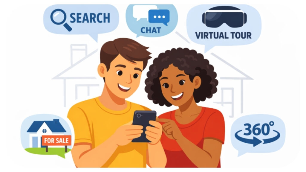 modern homebuyers using smartphone for property search chat support and virtual tour features showing how digital tools are shaping today’s real estate buying trends.