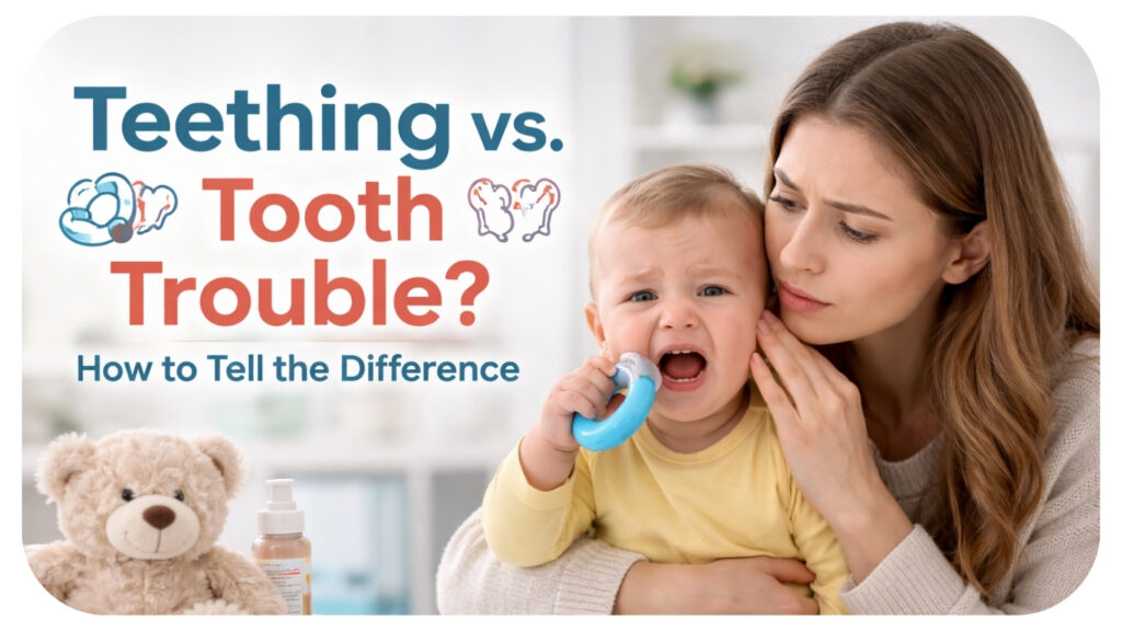 Mother comforting her baby chewing a teething ring while showing signs that help parents understand the difference between normal teething and possible tooth trouble in infants.
