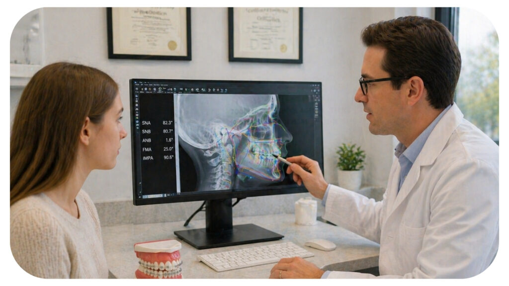 orthodontist explaining cephalometric xray orthodontic tracings on a computer screen to a patient during treatment planning consultation for accurate smile alignment outcomes