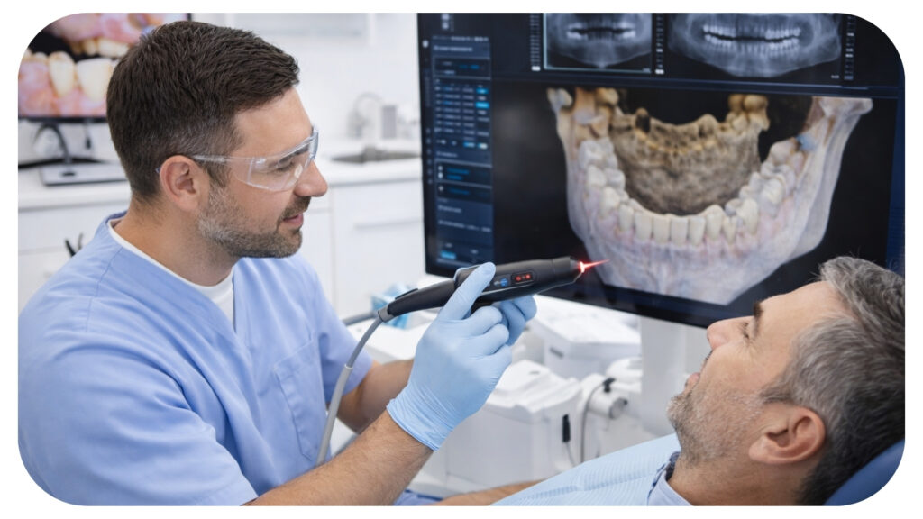Periodontist using digital scan and dental laser technology to diagnose gum disease and improve periodontal treatment outcomes for better healing and precision care.