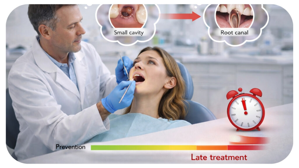 Dentist performing a routine preventive dental checkup on an adult patient highlighting the importance of early treatment and regular visits to reduce long term dental costs.