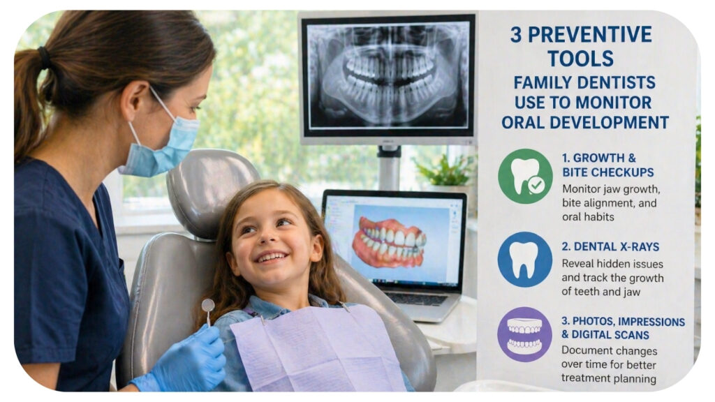 family dentist monitoring oral development of a child using dental checkup xray and digital scan tools during a preventive dental visit in a modern clinic.