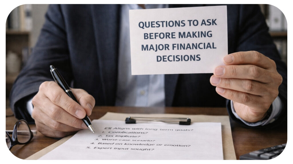 professional reviewing checklist of important questions before making major financial decisions related to investments business planning and long term financial goals.