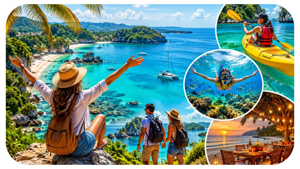 Travellers enjoying a coastal adventure with kayaking snorkeling scenic viewpoints and beachfront dining showcasing exciting outdoor activities and memorable seaside travel experiences.