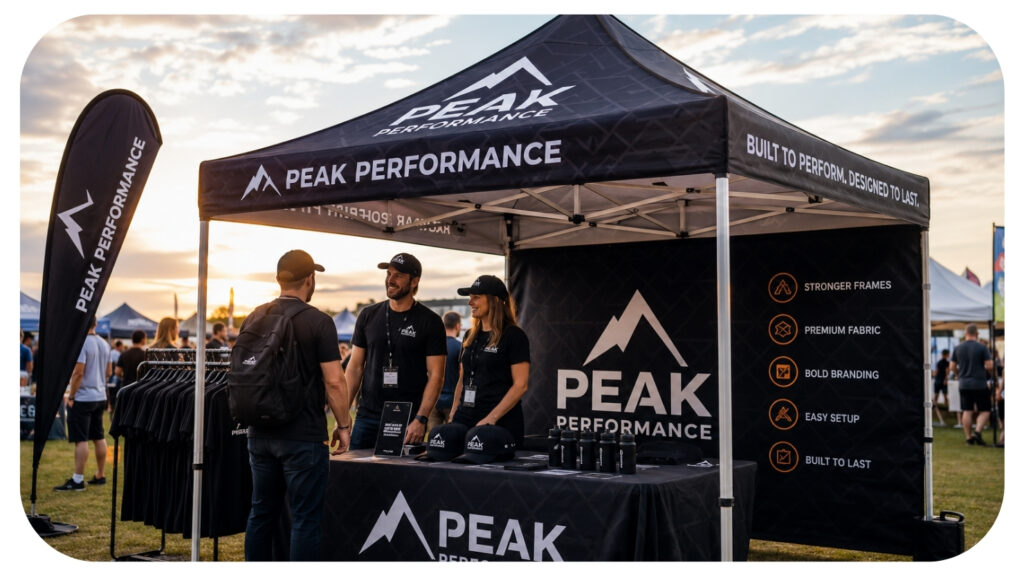 Branded commercial canopy tent at an outdoor business event showcasing durable event shelter premium fabric strong frame design and professional brand marketing setup.