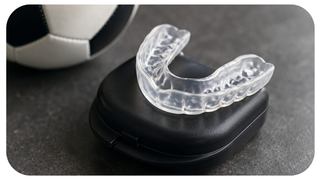 Clear custom dental mouthguard placed on a protective case beside a football representing sports dental protection teeth safety and comfortable mouthguard design.