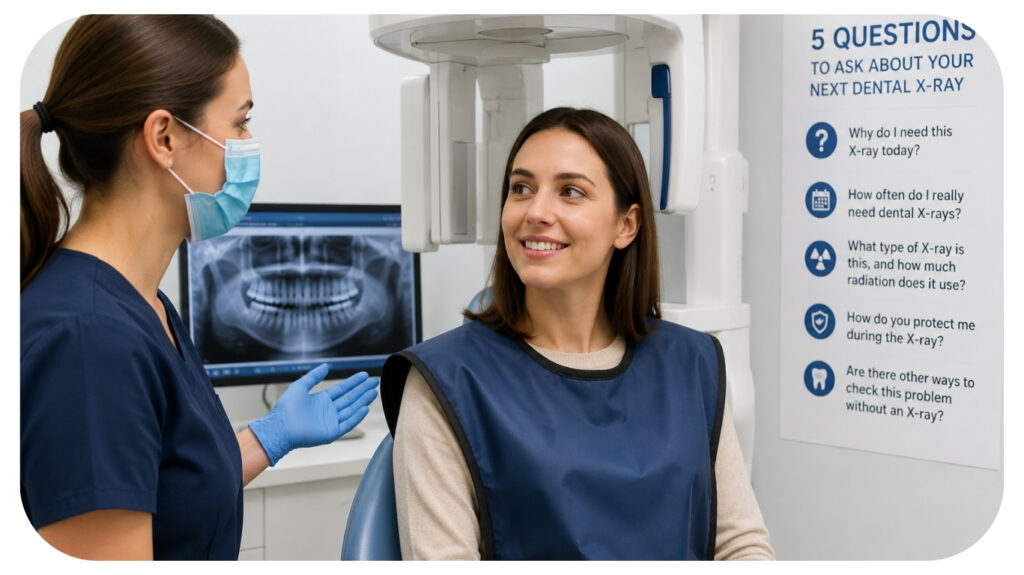 Dentist explaining a dental X ray procedure to a patient wearing a protective lead apron in a modern dental clinic focused on radiation safety and informed dental care decisions.
