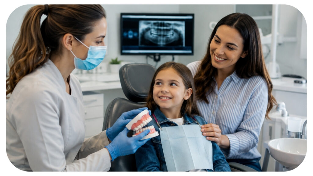 Family dentist explaining dental care to a young girl and her mother during a checkup in a modern dental clinic representing oral health guidance through different life stages.