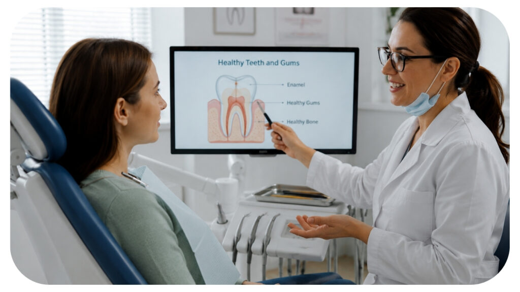 family dentist educating a patient about healthy teeth and gums during a routine dental appointment in a modern dental clinic