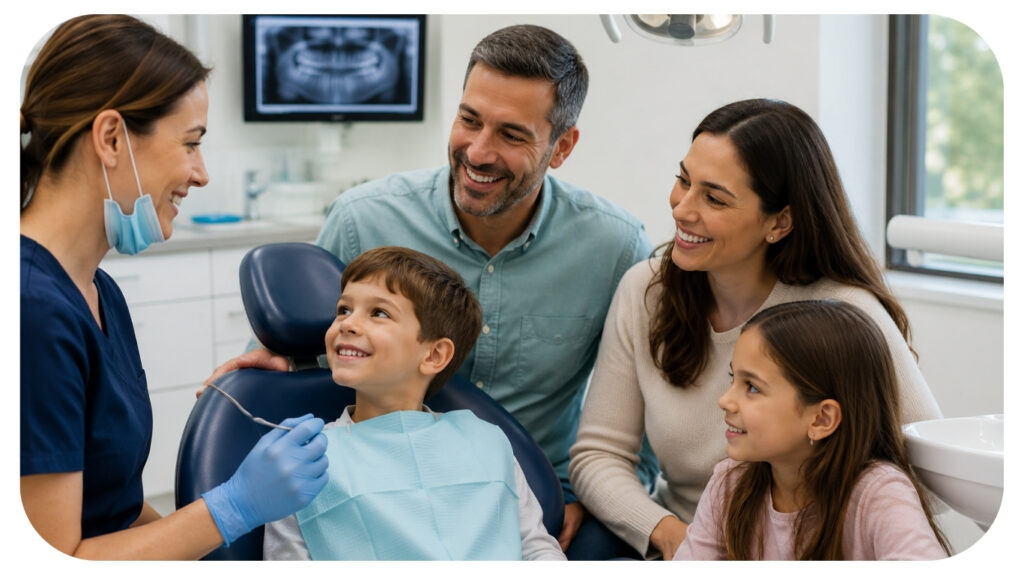 Happy family visiting a modern dental clinic for routine family dentistry care with a dentist providing preventive oral health support for children and adults.