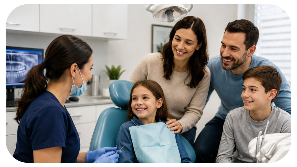 Happy family attending a dental checkup together in a modern family dentistry clinic representing convenient dental care preventive treatments and oral health support for all ages.