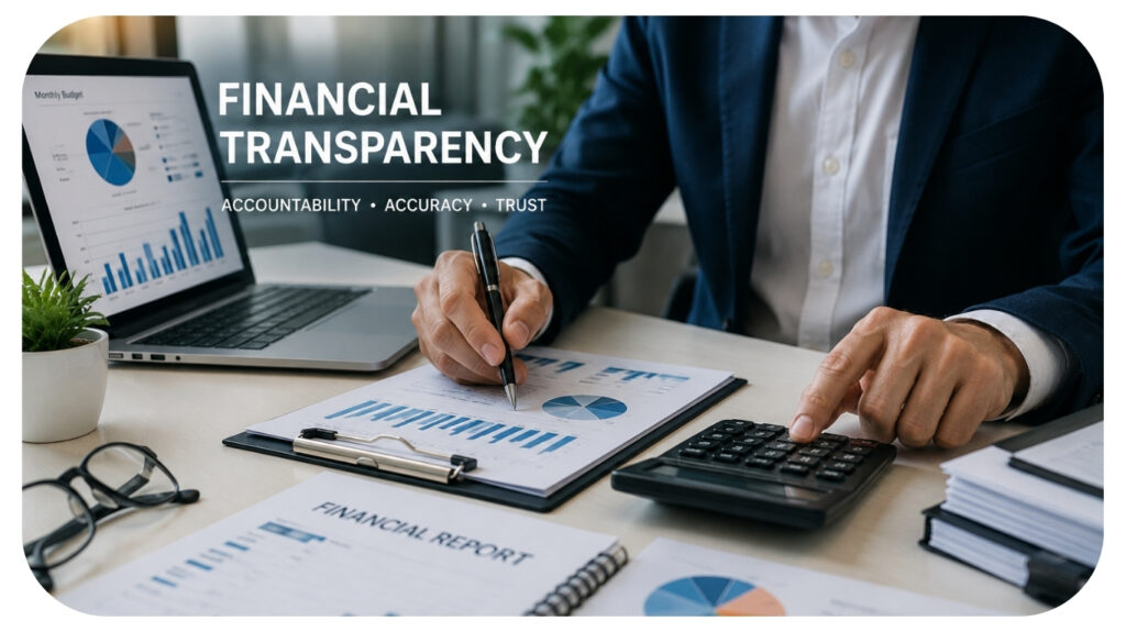 Professional financial transparency concept showing a businessman reviewing financial reports with charts, calculator, and laptop displaying analytics focused on accountability, accuracy, and trust in business finance management.
