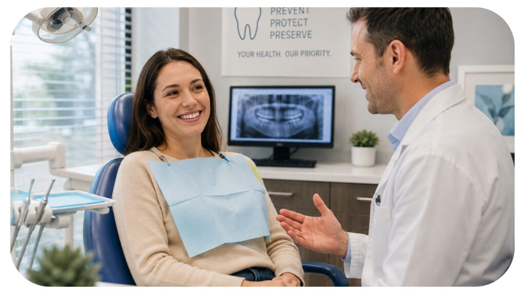 Smiling female patient talking with a dentist during a routine dental checkup in a modern dental clinic highlighting consistent general dentistry care preventive oral health and peace of mind.