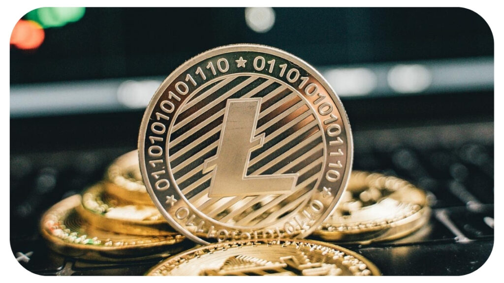 Cryptocurrency coins on a keyboard representing AI powered crypto trading automated investing digital finance and online money making opportunities using artificial intelligence.