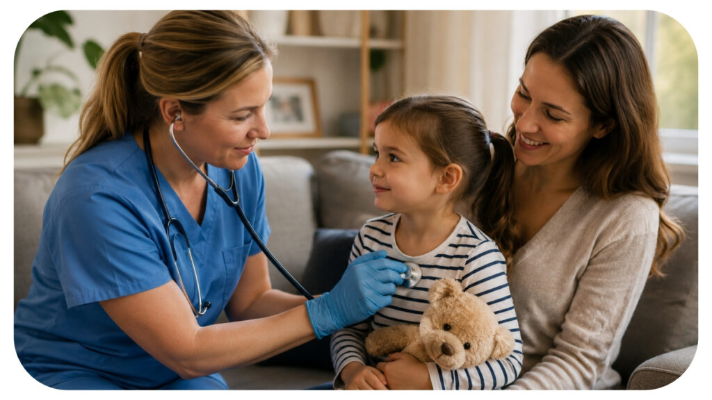 Pediatric nurse providing in home healthcare to a young child while the mother watches comfortably at home representing pediatric home care family support and child recovery care.