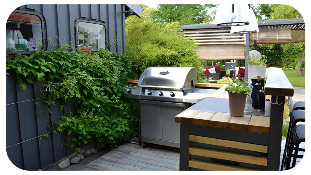 Modern outdoor kitchen with built in grill wooden countertop and garden seating area designed to elevate garden dining outdoor entertaining and backyard living experiences.