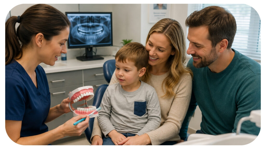 Family learning preventive dental care from a dentist during a routine checkup in a modern clinic representing early dental care healthy oral habits and protection from unexpected dental emergencies.