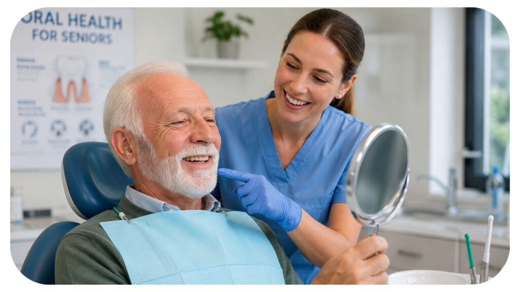 Senior man smiling during a preventive dental checkup while a dentist explains oral care in a modern dental clinic focused on healthy aging and long term senior oral health
