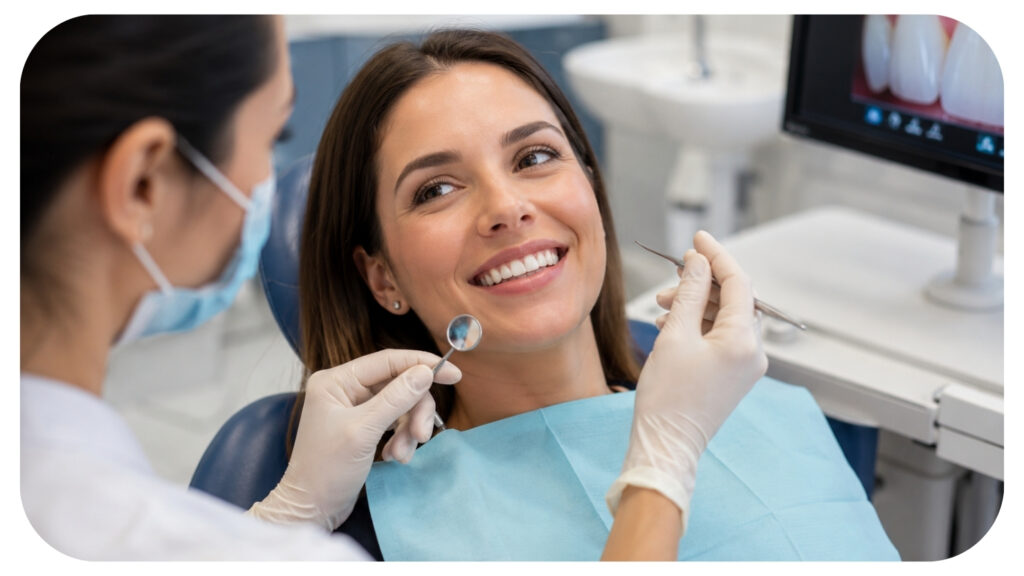 Woman receiving a preventive dental checkup in a modern clinic with healthy veneers and crowns representing long term dental care oral hygiene and cosmetic dentistry maintenance.