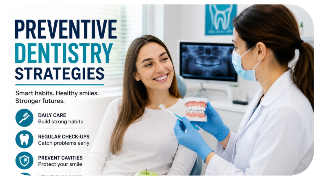 Dentist explaining preventive dentistry strategies to a patient using a dental model and oral care tools highlighting regular checkups cavity prevention healthy habits and lifelong smile protection.