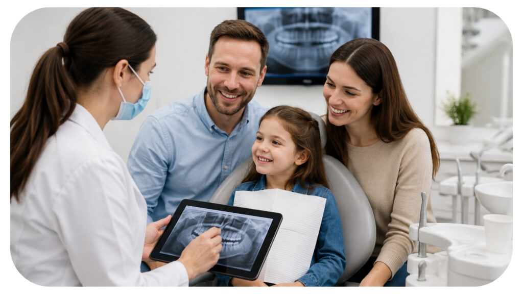 Family attending a preventive dental screening as a dentist reviews dental X rays and oral health results with parents and child in a modern family dentistry clinic.