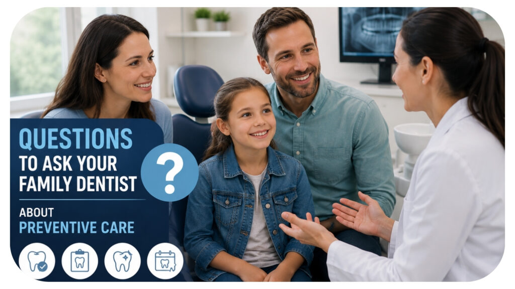 Family discussing preventive dental care with a family dentist during a consultation about regular checkups cavity prevention oral health screenings and personalized dental care plans.