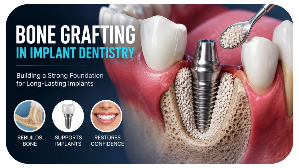 Detailed dental implant procedure showing bone grafting around a dental implant to rebuild jawbone support improve implant stability and ensure long term success in implant dentistry.