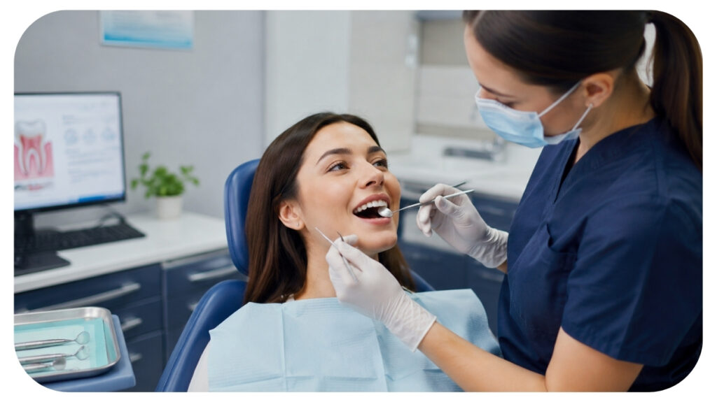 Dentist performing a routine dental checkup on a smiling female patient in a modern clinic highlighting preventive dental care oral health and long term cost savings.