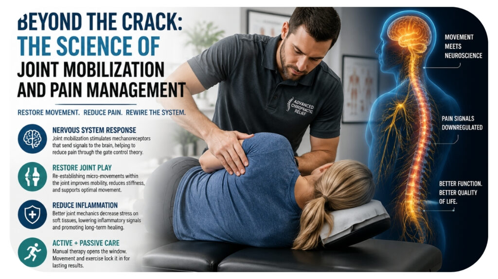Professional chiropractor performing spinal joint mobilization therapy on a patient with medical infographic showing nervous system response, pain management, inflammation reduction, and evidence based chiropractic care concepts.