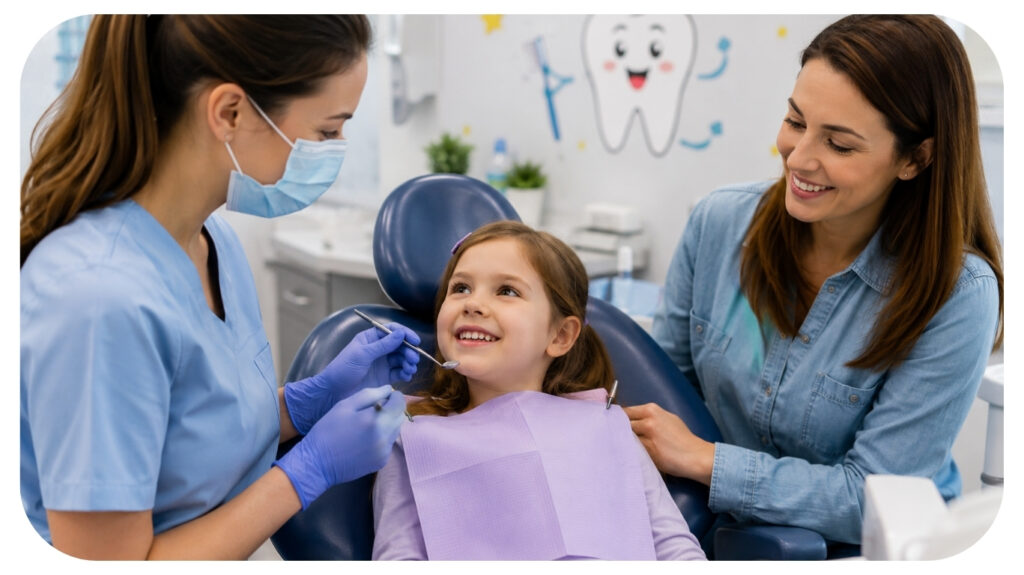 Friendly pediatric dentist treating a smiling young girl while her mother offers support in a child friendly dental clinic focused on comfortable family dentistry and healthy dental habits for kids.