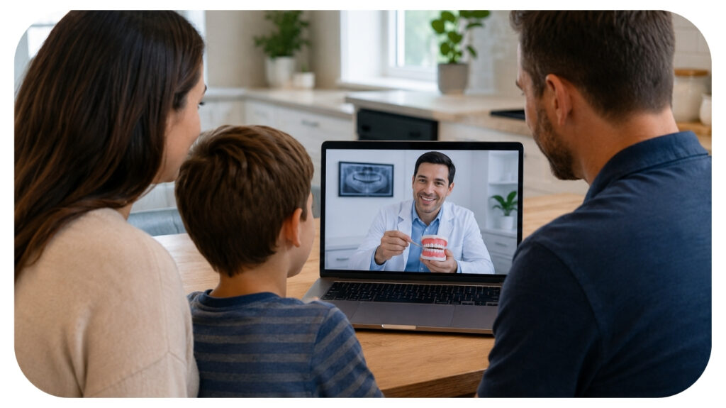 Family attending a tele dentistry consultation from home through a laptop with an online dentist explaining oral care for children and parents in a convenient virtual dental appointment.