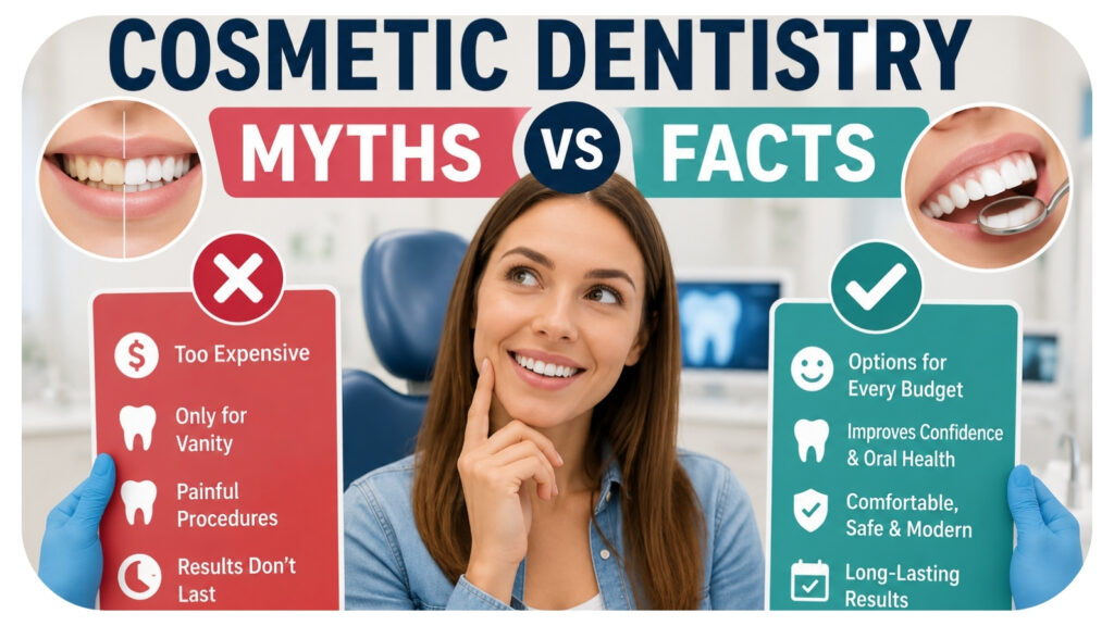 Infographic comparing common cosmetic dentistry myths and facts, featuring a smiling patient in a dental clinic and highlighting misconceptions about cost, pain, results, oral health benefits, treatment safety, and modern cosmetic dental procedures.