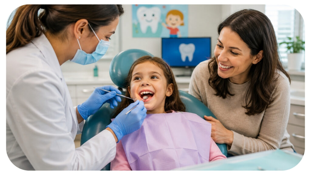 Pediatric dentist performing a routine dental checkup on a smiling child while a parent watches, highlighting preventive dental care, early cavity detection, healthy oral habits, and the long term benefits of regular pediatric dental visits.