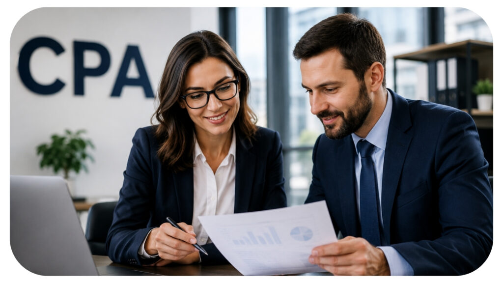 Certified public accountants reviewing financial reports and business documents in a professional office, highlighting the benefits of working with a certified public accounting firm for tax planning, financial management, compliance, business advisory services, and long term growth.