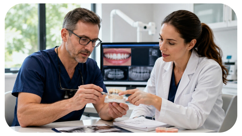 Dental professionals collaborating on treatment planning using dental models and diagnostic images to improve cosmetic dentistry results restorative procedures patient care and long term oral health outcomes.