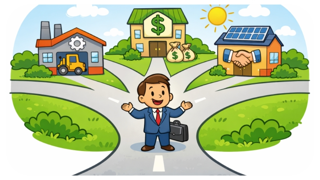 Illustration of a business owner choosing commercial financing solutions for business growth, showing options such as equipment financing, business loans, commercial real estate financing, and working capital to support expansion, cash flow, and long term business success.