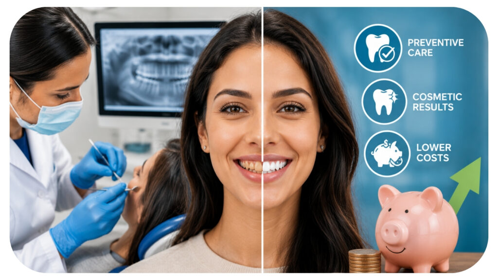 Patient displaying a smile transformation while receiving preventive dental care, alongside savings and cost reduction visuals, illustrating how combining cosmetic dentistry with preventive dentistry helps lower treatment costs, protect oral health, and improve long term dental results.