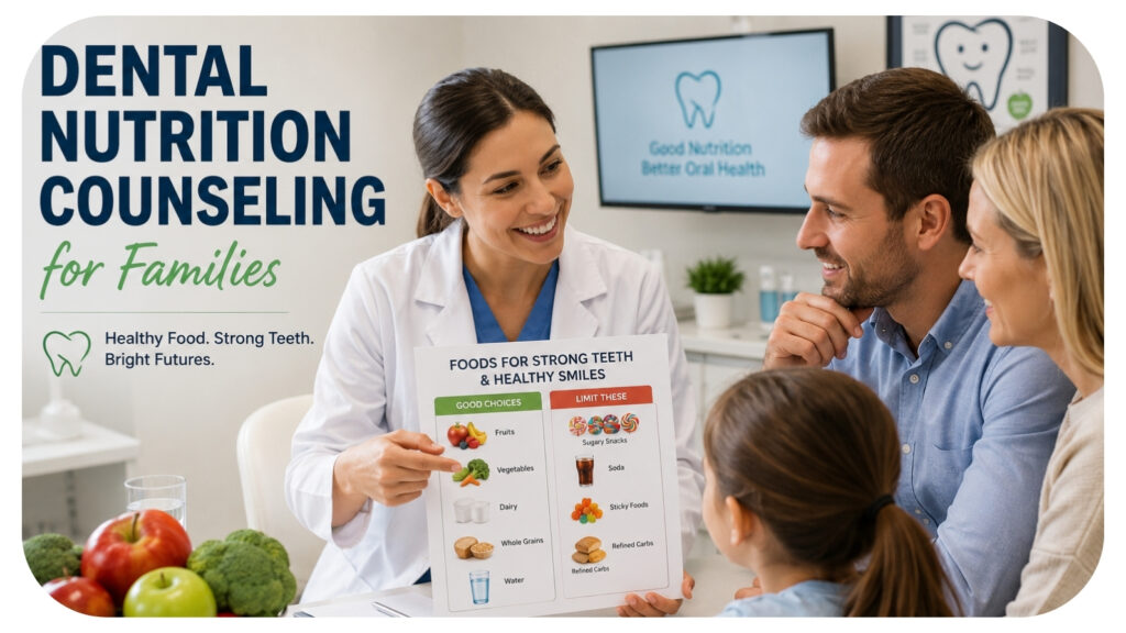 Dentist providing dental nutrition counseling to a family while explaining healthy food choices for stronger teeth and healthier gums, highlighting the connection between nutrition, cavity prevention, oral health, and long term dental wellness for children and adults.