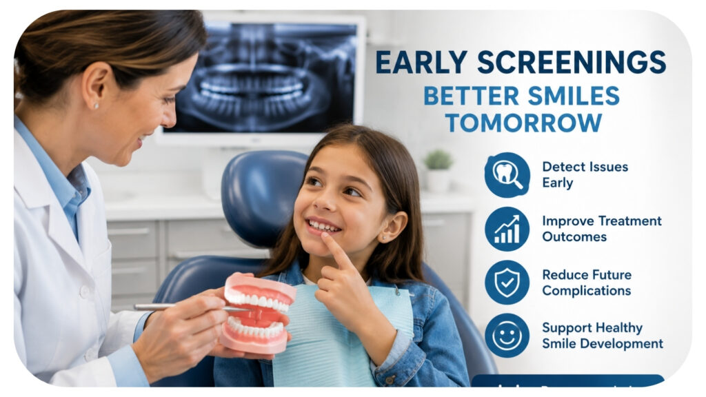 Pediatric dentist discussing early orthodontic screening with a young child in a dental clinic, highlighting the importance of detecting orthodontic issues early, monitoring jaw development, improving treatment outcomes, and supporting healthy smile growth.