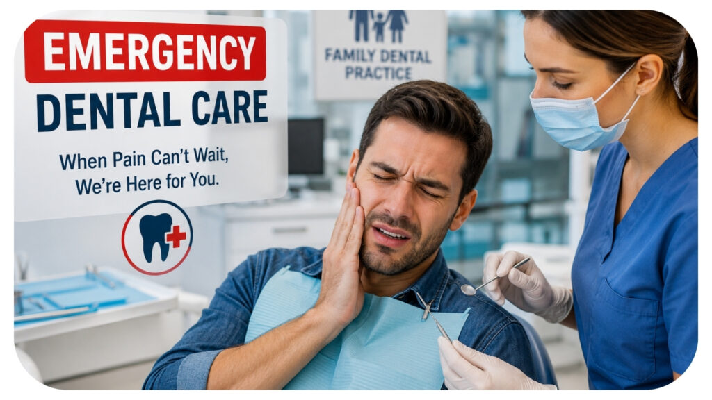 Patient experiencing severe tooth pain receiving emergency dental treatment at a family dental practice, highlighting urgent dental care, same day appointments, pain relief, emergency dentistry services, and trusted family dental support.