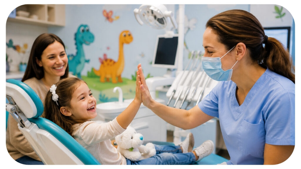 Young child smiling during a dental visit in a child friendly dental clinic, showing how a familiar dental environment helps reduce anxiety, build trust, encourage cooperation, and create positive oral health experiences for children.
