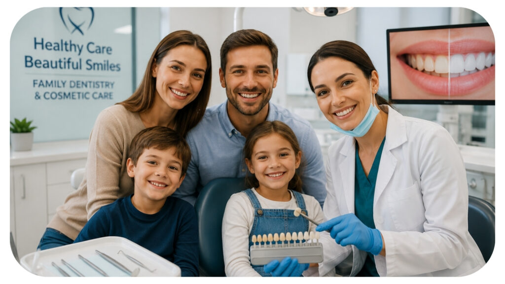 Family dentist consulting with parents and children about cosmetic dental care, highlighting how family dentistry coordinates preventive care, teeth whitening, smile enhancement, and personalized treatment plans to achieve healthy, natural looking smiles for the entire family.