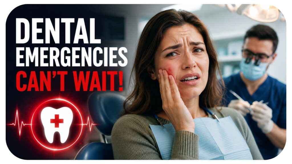 Patient experiencing severe tooth pain during a dental emergency while receiving immediate care from a family dentist, highlighting urgent dental treatment, emergency oral health services, pain relief, and the role of family dentistry in managing unexpected dental problems.
